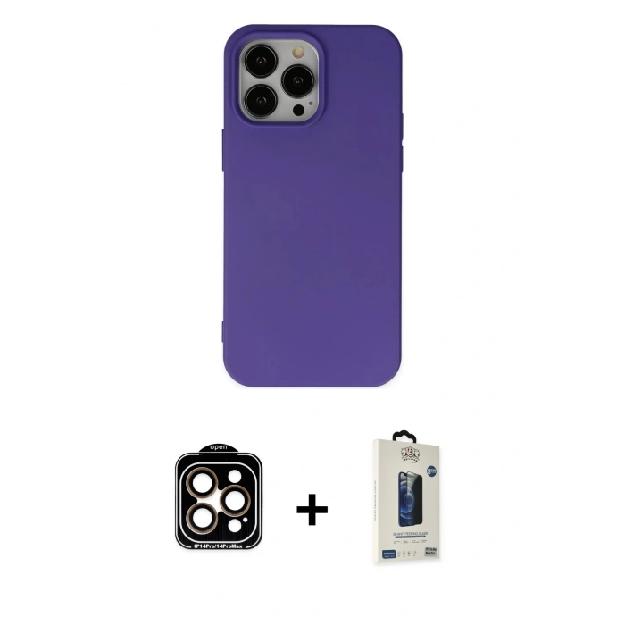MARSİLYAN™- iPhone 14 Pro Max Kılıf Ahenk Serisi - Siyah Bilvis Hayalet Cam Ekran Koruyucu + PVD Metal Kamera Lens - TU