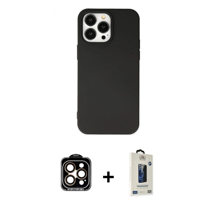 MARSİLYAN™- iPhone 14 Pro Max Kılıf Ahenk Serisi - Siyah Bilvis Hayalet Cam Ekran Koruyucu + PVD Metal Kamera Lens - TU