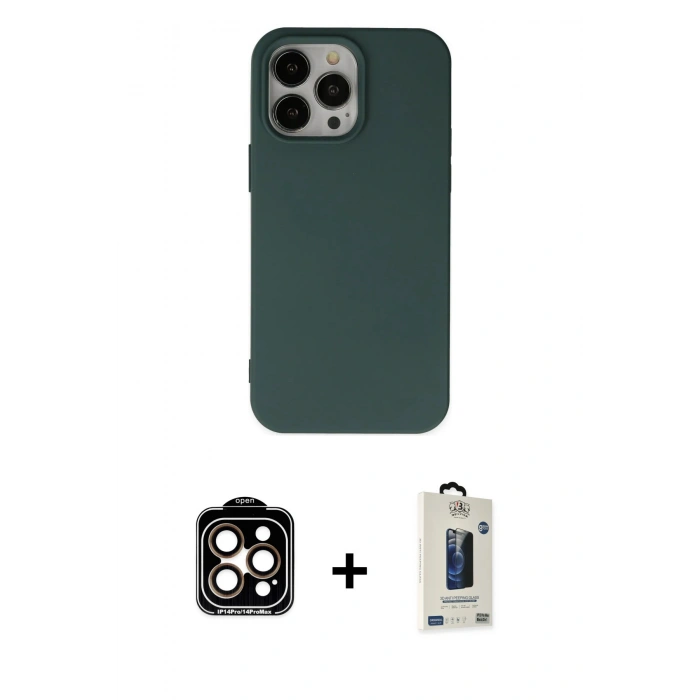 MARSİLYAN™- iPhone 14 Pro Max Kılıf Ahenk Serisi - Siyah Bilvis Hayalet Cam Ekran Koruyucu + PVD Metal Kamera Lens - TU