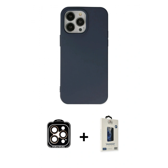 MARSİLYAN™- iPhone 14 Pro Max Kılıf Ahenk Serisi - Siyah Bilvis Hayalet Cam Ekran Koruyucu + PVD Metal Kamera Lens - TU