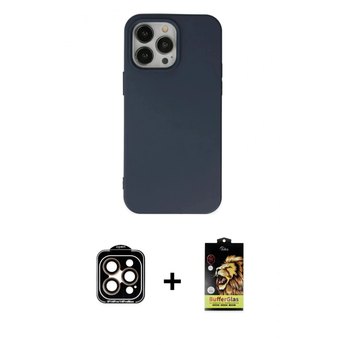 MARSİLYAN™- iPhone 14 Pro Max Kılıf Ahenk Serisi - Siyah Buffer Cam Ekran Koruyucu + PVD Metal Kamera Lens - TU