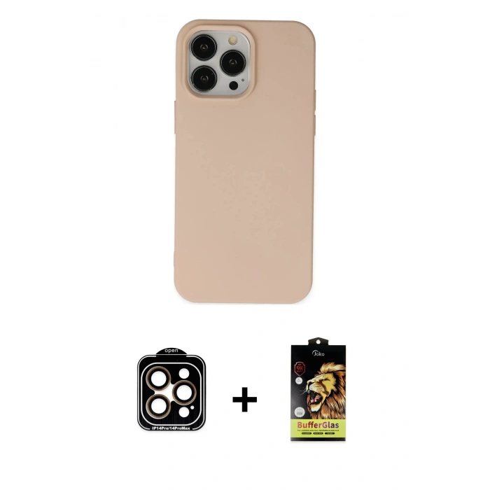 MARSİLYAN™- iPhone 14 Pro Max Kılıf Ahenk Serisi - Siyah Buffer Cam Ekran Koruyucu + PVD Metal Kamera Lens - TU