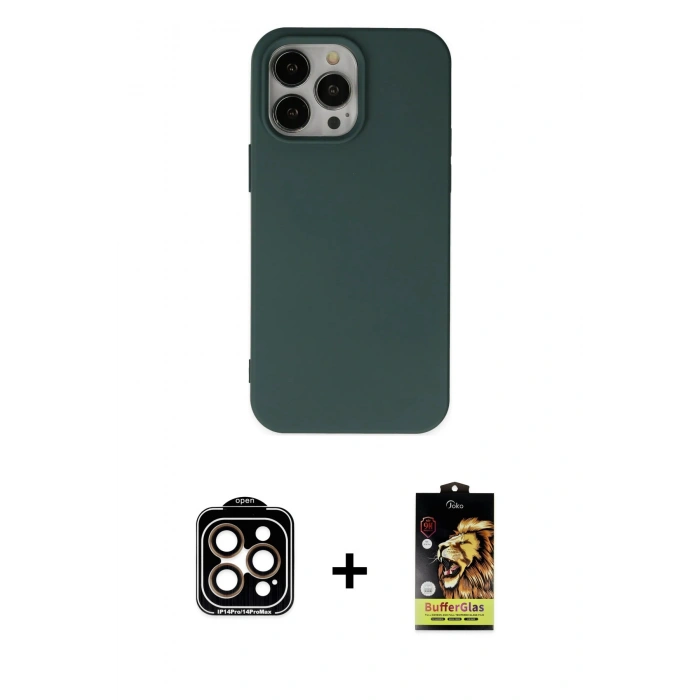 MARSİLYAN™- iPhone 14 Pro Max Kılıf Ahenk Serisi - Siyah Buffer Cam Ekran Koruyucu + PVD Metal Kamera Lens - TU
