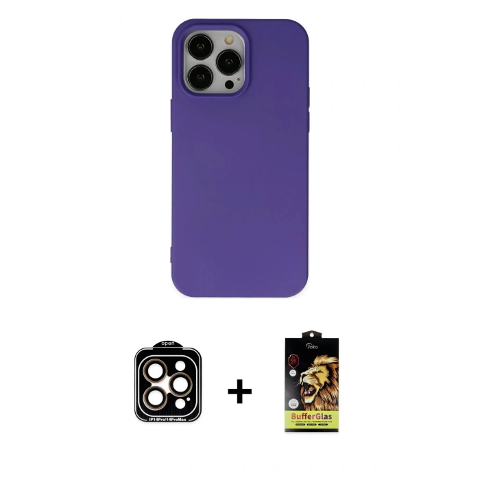 MARSİLYAN™- iPhone 14 Pro Max Kılıf Ahenk Serisi - Siyah Buffer Cam Ekran Koruyucu + PVD Metal Kamera Lens - TU