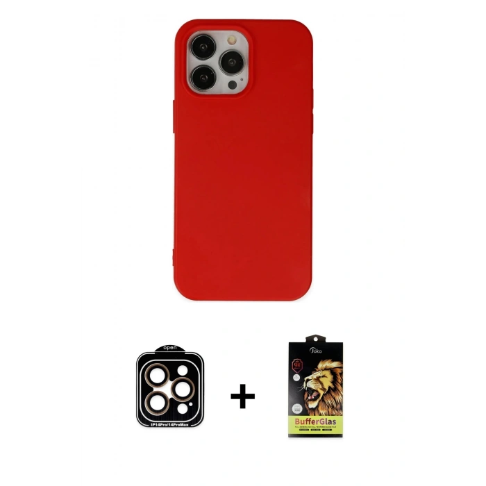 MARSİLYAN™- iPhone 14 Pro Max Kılıf Ahenk Serisi - Siyah Buffer Cam Ekran Koruyucu + PVD Metal Kamera Lens - TU