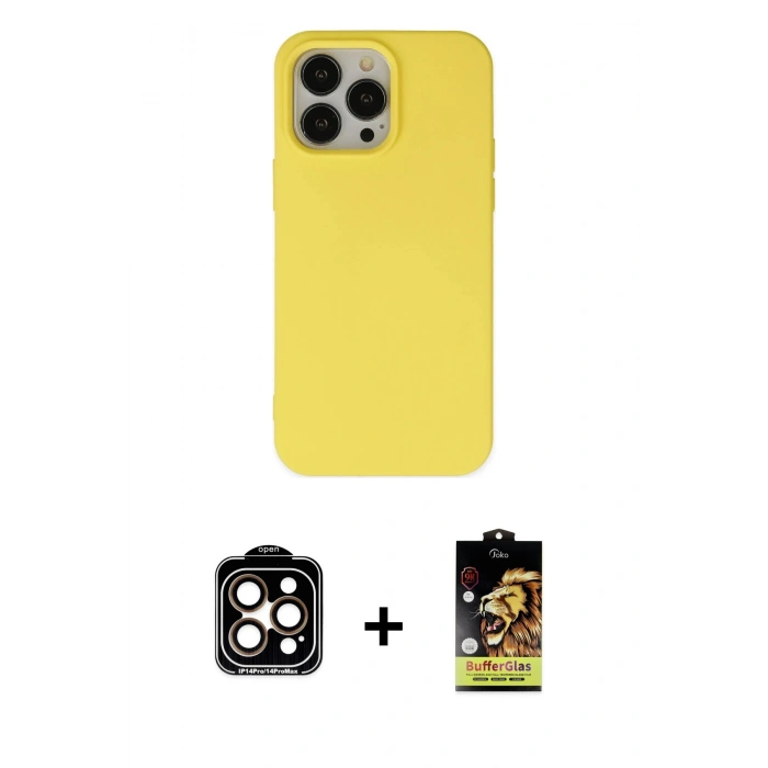 MARSİLYAN™- iPhone 14 Pro Max Kılıf Ahenk Serisi - Siyah Buffer Cam Ekran Koruyucu + PVD Metal Kamera Lens - TU