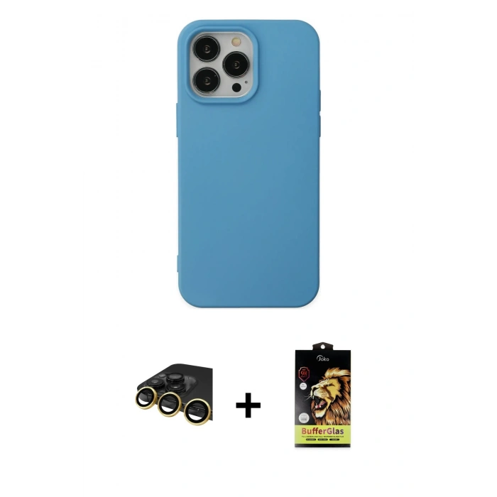 MARSİLYAN™- iPhone 14 Pro Max Kılıf Ahenk Serisi - Siyah Buffer Cam Ekran Koruyucu + Raze Metal Kamera Lens - GD