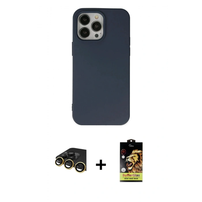 MARSİLYAN™- iPhone 14 Pro Max Kılıf Ahenk Serisi - Siyah Buffer Cam Ekran Koruyucu + Raze Metal Kamera Lens - GD