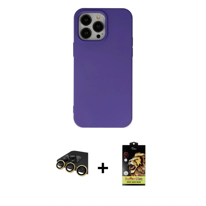 MARSİLYAN™- iPhone 14 Pro Max Kılıf Ahenk Serisi - Siyah Buffer Cam Ekran Koruyucu + Raze Metal Kamera Lens - GD