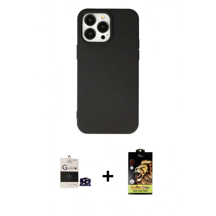 MARSİLYAN™- iPhone 14 Pro Max Kılıf Ahenk Serisi - Siyah Buffer Cam Ekran Koruyucu + Bilvis Titan Kamera Lens - SH