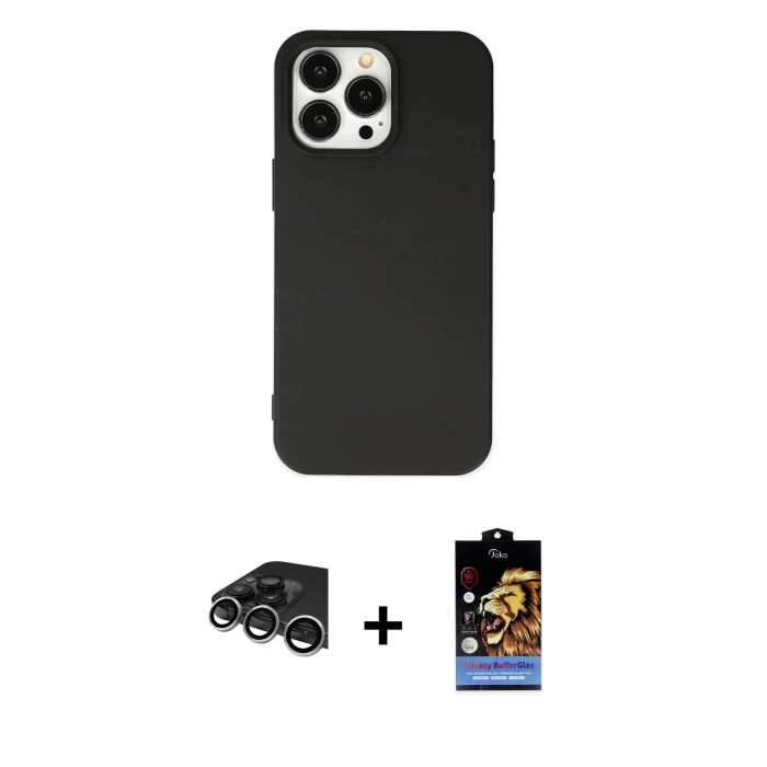 MARSİLYAN™- iPhone 14 Pro Max Kılıf Ahenk Serisi - Siyah Buffer Hayalet Cam Ekran Koruyucu + Raze Metal Kamera Lens - GS