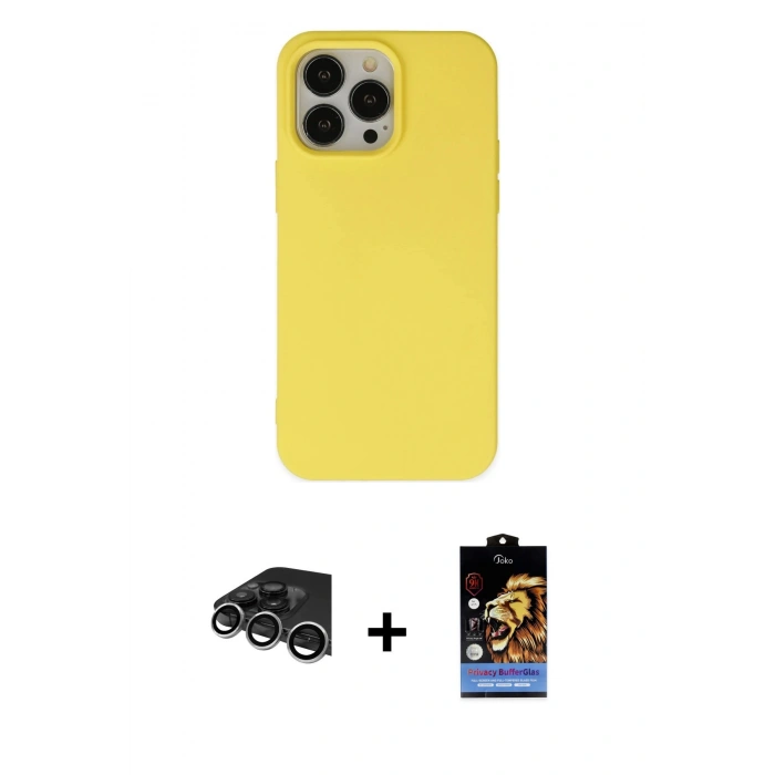 MARSİLYAN™- iPhone 14 Pro Max Kılıf Ahenk Serisi - Siyah Buffer Hayalet Cam Ekran Koruyucu + Raze Metal Kamera Lens - GS