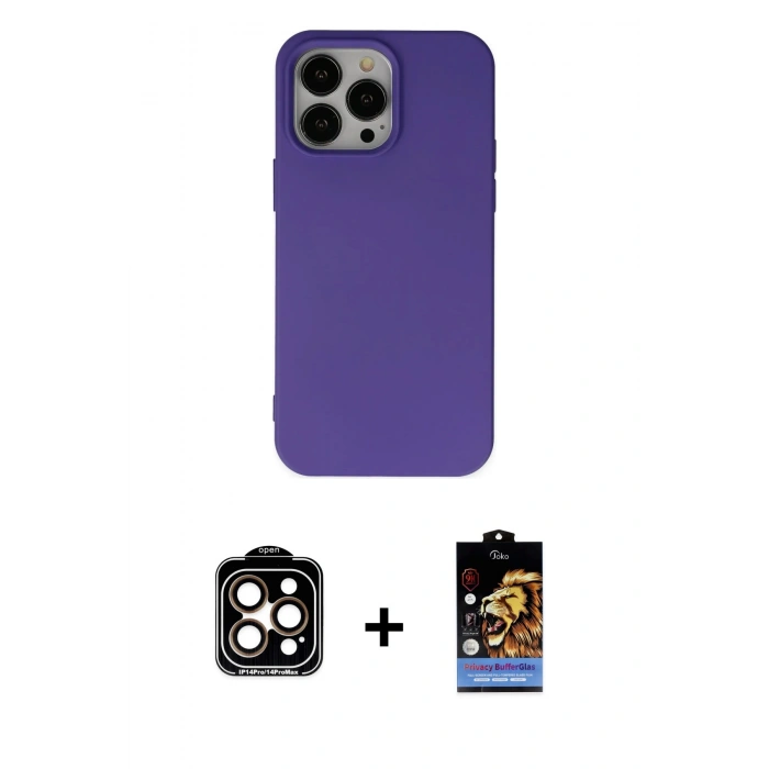 MARSİLYAN™- iPhone 14 Pro Max Kılıf Ahenk Serisi - Siyah Buffer Hayalet Cam Ekran Koruyucu + Turuncu PVD Metal Kamera Lens