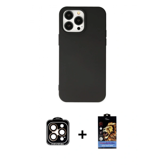 MARSİLYAN™- iPhone 14 Pro Max Kılıf Ahenk Serisi - Siyah Buffer Hayalet Cam Ekran Koruyucu + Turuncu PVD Metal Kamera Lens
