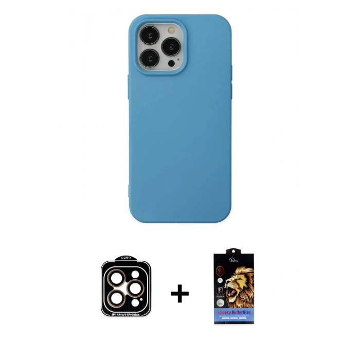 MARSİLYAN™- iPhone 14 Pro Max Kılıf Ahenk Serisi - Siyah Buffer Hayalet Cam Ekran Koruyucu + Turuncu PVD Metal Kamera Lens
