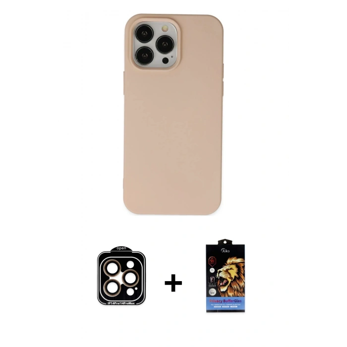 MARSİLYAN™- iPhone 14 Pro Max Kılıf Ahenk Serisi - Siyah Buffer Hayalet Cam Ekran Koruyucu + Turuncu PVD Metal Kamera Lens