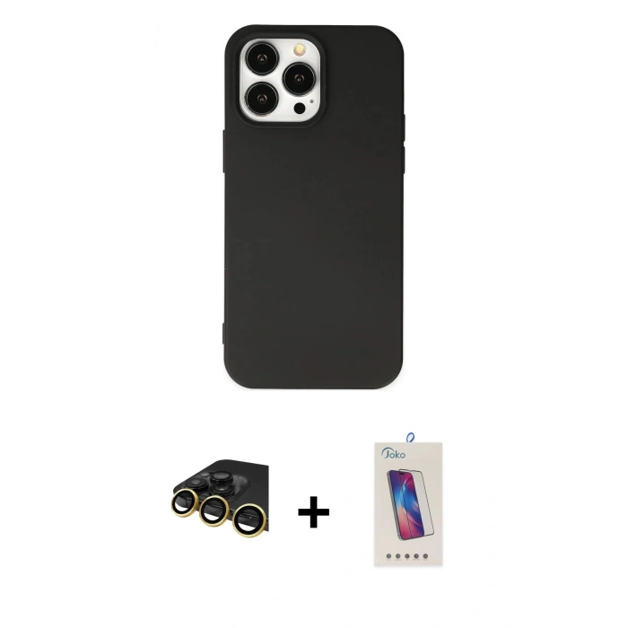 MARSİLYAN™- iPhone 14 Pro Max Kılıf Ahenk Serisi - Siyah Joko 5D Cam + Raze Metal Kamera Lens - GD