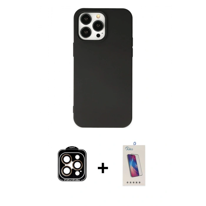 MARSİLYAN™- iPhone 14 Pro Max Kılıf Ahenk Serisi - Siyah Joko 5D Cam + PVD Metal Kamera Lens - TU