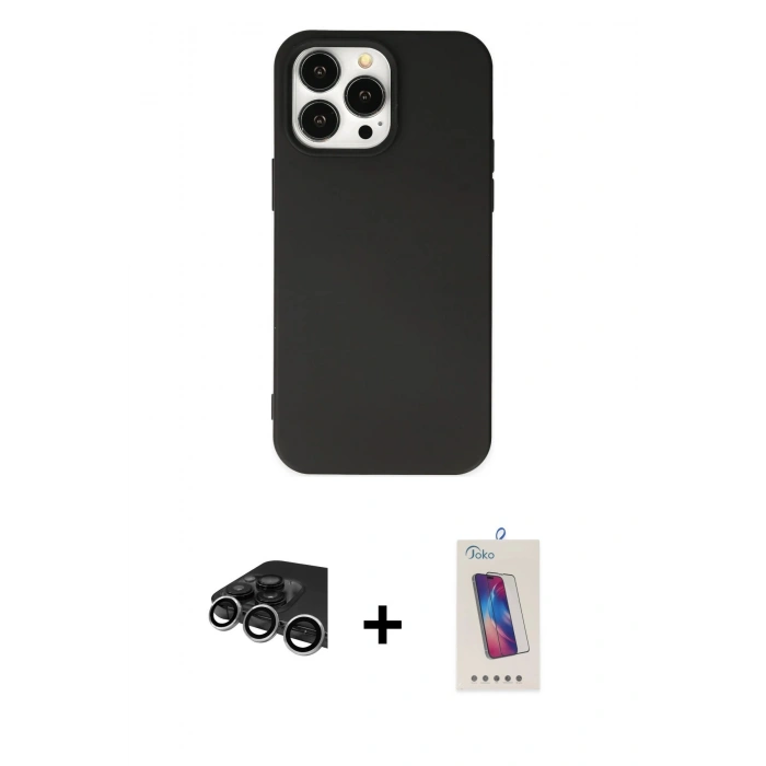 MARSİLYAN™- iPhone 14 Pro Max Kılıf Ahenk Serisi - Siyah Joko 5D Cam + Raze Metal Kamera Lens - GS