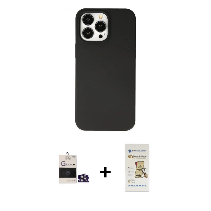 MARSİLYAN™- iPhone 14 Pro Max Kılıf Ahenk Serisi - Siyah Mat Seramik Nano Ekran Koruyucu + Bilvis Titan Kamera Lens - GS