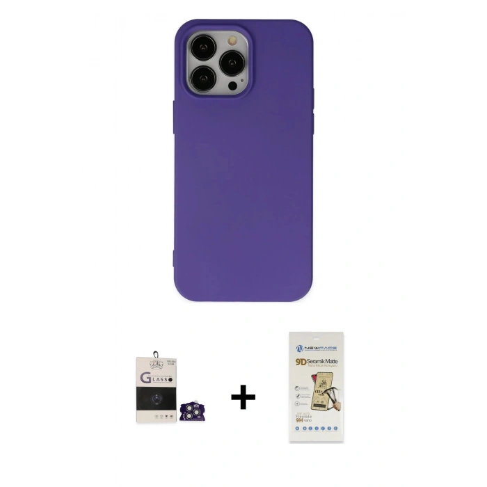 MARSİLYAN™- iPhone 14 Pro Max Kılıf Ahenk Serisi - Siyah Mat Seramik Nano Ekran Koruyucu + Bilvis Titan Kamera Lens - GS