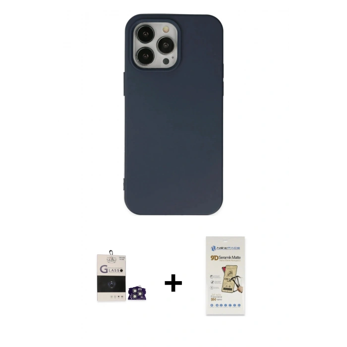 MARSİLYAN™- iPhone 14 Pro Max Kılıf Ahenk Serisi - Siyah Mat Seramik Nano Ekran Koruyucu + Bilvis Titan Kamera Lens - GS