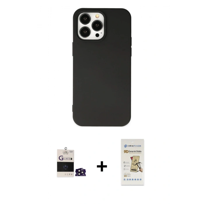 MARSİLYAN™- iPhone 14 Pro Max Kılıf Ahenk Serisi - Siyah Mat Seramik Nano Ekran Koruyucu + Bilvis Titan Kamera Lens - DNMR