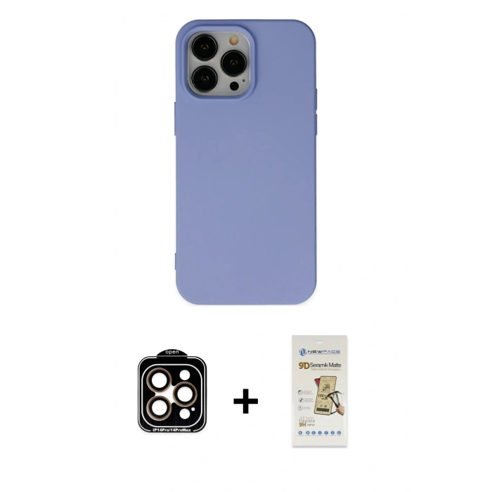MARSİLYAN™- iPhone 14 Pro Max Kılıf Ahenk Serisi - Siyah Mat Seramik Nano Ekran Koruyucu + PVD Metal Kamera Lens - TU