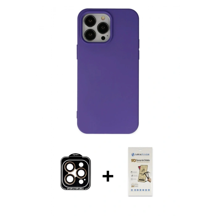 MARSİLYAN™- iPhone 14 Pro Max Kılıf Ahenk Serisi - Siyah Mat Seramik Nano Ekran Koruyucu + PVD Metal Kamera Lens - TU