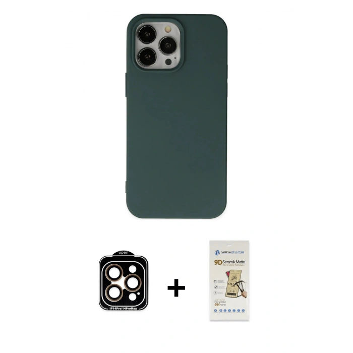 MARSİLYAN™- iPhone 14 Pro Max Kılıf Ahenk Serisi - Siyah Mat Seramik Nano Ekran Koruyucu + PVD Metal Kamera Lens - TU