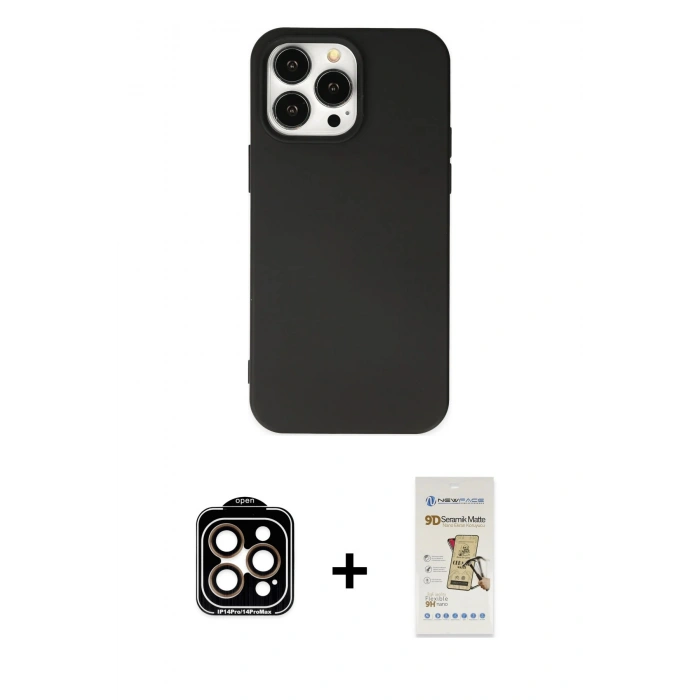 MARSİLYAN™- iPhone 14 Pro Max Kılıf Ahenk Serisi - Siyah Mat Seramik Nano Ekran Koruyucu + PVD Metal Kamera Lens - TU
