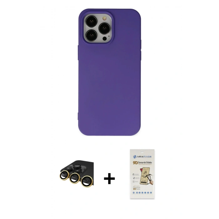 MARSİLYAN™- iPhone 14 Pro Max Kılıf Ahenk Serisi - Siyah Mat Seramik Nano Ekran Koruyucu + Raze Metal Kamera Lens - GD