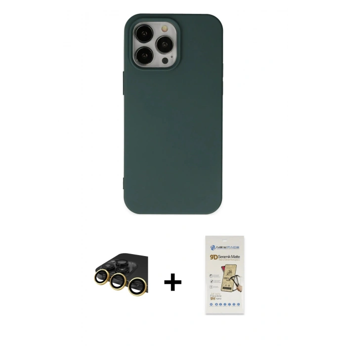 MARSİLYAN™- iPhone 14 Pro Max Kılıf Ahenk Serisi - Siyah Mat Seramik Nano Ekran Koruyucu + Raze Metal Kamera Lens - GD