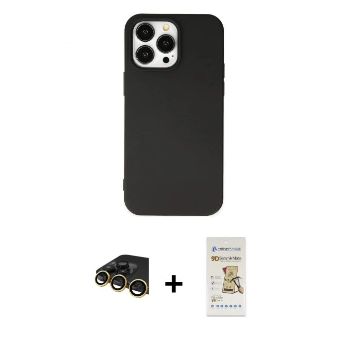 MARSİLYAN™- iPhone 14 Pro Max Kılıf Ahenk Serisi - Siyah Mat Seramik Nano Ekran Koruyucu + Raze Metal Kamera Lens - GD