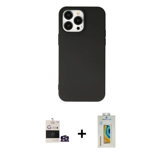MARSİLYAN™- iPhone 14 Pro Max Kılıf Ahenk Serisi - Siyah Polymer Nano Ekran Koruyucu + Bilvis Titan Kamera Lens - GS