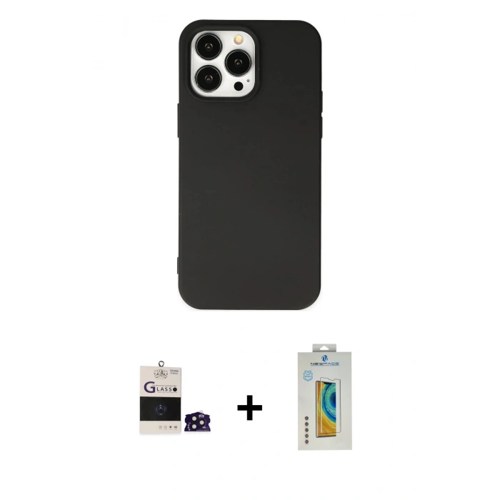 MARSİLYAN™- iPhone 14 Pro Max Kılıf Ahenk Serisi - Siyah Polymer Nano Ekran Koruyucu + Bilvis Titan Kamera Lens - DNMR