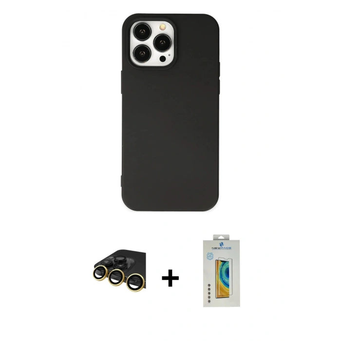 MARSİLYAN™- iPhone 14 Pro Max Kılıf Ahenk Serisi - Siyah Polymer Nano Ekran Koruyucu + Raze Metal Kamera Lens - GD