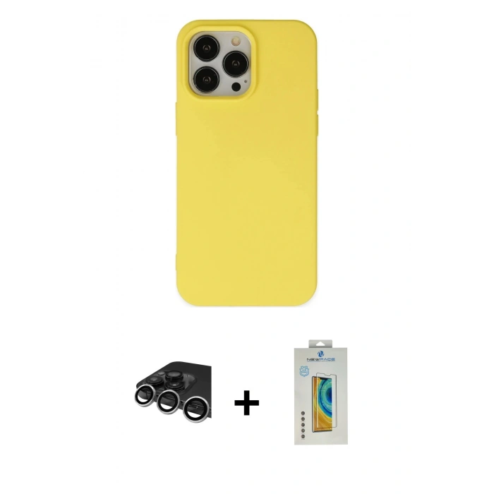 MARSİLYAN™- iPhone 14 Pro Max Kılıf Ahenk Serisi - Siyah Polymer Nano Ekran Koruyucu + Raze Metal Kamera Lens - GS