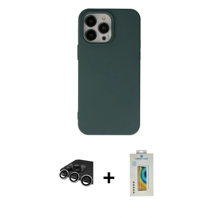 MARSİLYAN™- iPhone 14 Pro Max Kılıf Ahenk Serisi - Siyah Polymer Nano Ekran Koruyucu + Raze Metal Kamera Lens - GS