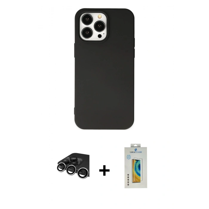 MARSİLYAN™- iPhone 14 Pro Max Kılıf Ahenk Serisi - Siyah Polymer Nano Ekran Koruyucu + Raze Metal Kamera Lens - GS