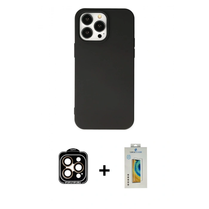 MARSİLYAN™- iPhone 14 Pro Max Kılıf Ahenk Serisi - Siyah Polymer Nano Ekran Koruyucu + PVD Metal Kamera Lens - TU