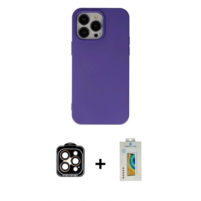 MARSİLYAN™- iPhone 14 Pro Max Kılıf Ahenk Serisi - Siyah Polymer Nano Ekran Koruyucu + PVD Metal Kamera Lens - TU