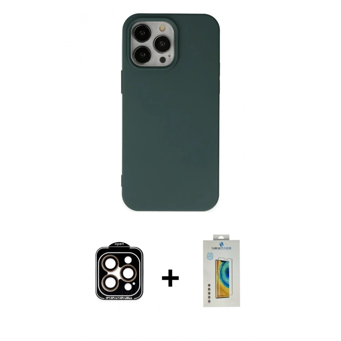 MARSİLYAN™- iPhone 14 Pro Max Kılıf Ahenk Serisi - Siyah Polymer Nano Ekran Koruyucu + PVD Metal Kamera Lens - TU
