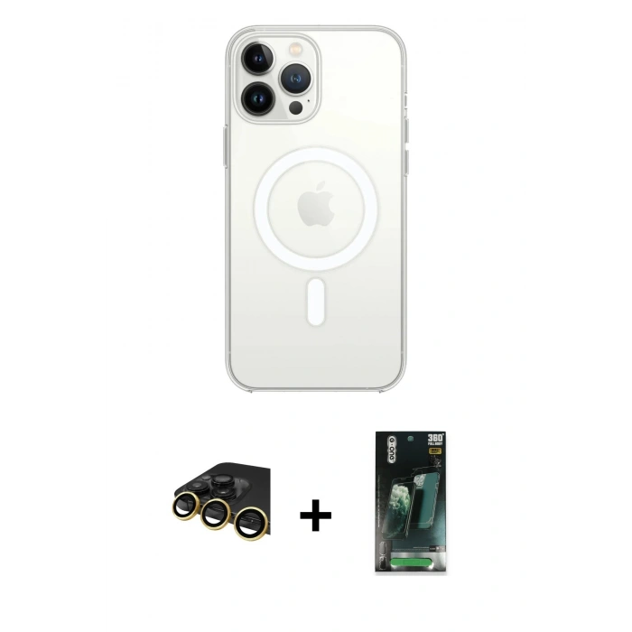 MARSİLYAN™- iPhone 14 Pro Max Kılıf Ahenk Yansıma Prime - Şeffaf 360 Full Body Arka Koruyucu + Gold Raze Metal Kamera Lens