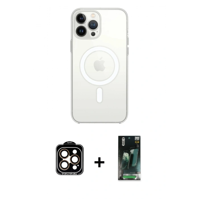 MARSİLYAN™- iPhone 14 Pro Max Kılıf Ahenk Yansıma Prime - Şeffaf 360 Full Body Arka Koruyucu + PVD Metal Kamera Lens - TU