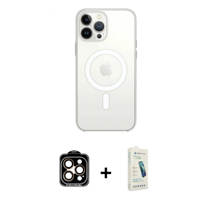 MARSİLYAN™- iPhone 14 Pro Max Kılıf Ahenk Yansıma Prime - Şeffaf Pasifik Cam Ekran Koruyucu + PVD Metal Kamera Lens - TU