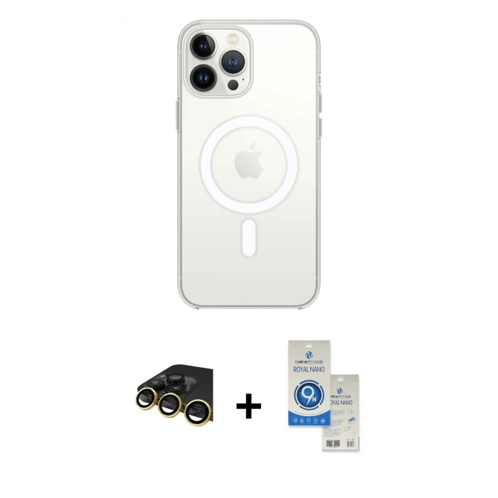 MARSİLYAN™- iPhone 14 Pro Max Kılıf Ahenk Yansıma Prime - Şeffaf Royal Nano Ekran Koruyucu + Raze Metal Kamera Lens - GD