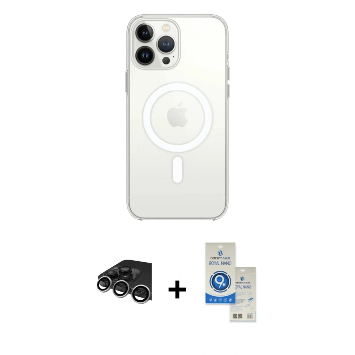 MARSİLYAN™- iPhone 14 Pro Max Kılıf Ahenk Yansıma Prime - Şeffaf Royal Nano Ekran Koruyucu + Raze Metal Kamera Lens - GS