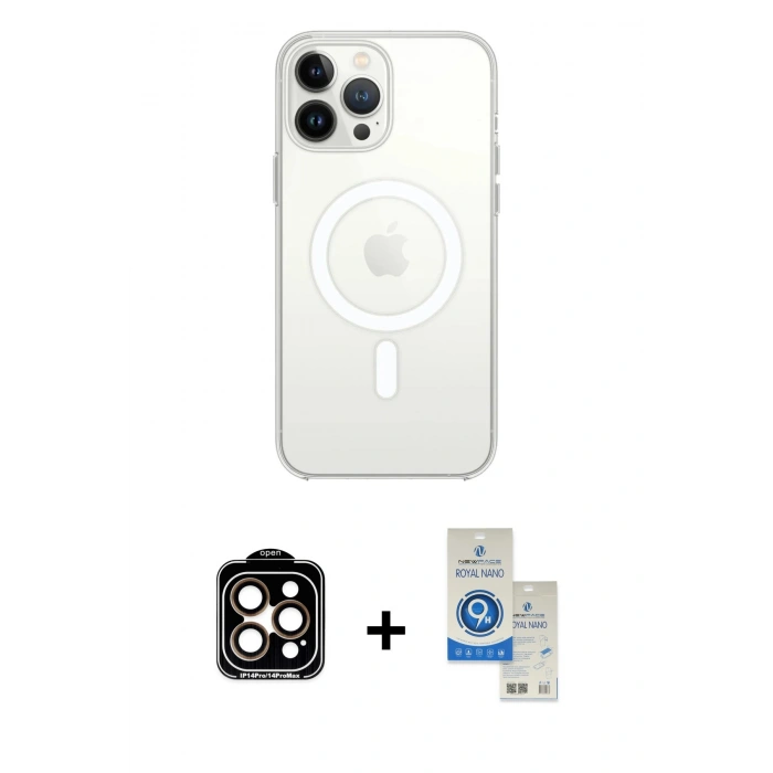MARSİLYAN™- iPhone 14 Pro Max Kılıf Ahenk Yansıma Prime - Şeffaf Royal Nano Ekran Koruyucu + Turuncu PVD Metal Kamera Lens