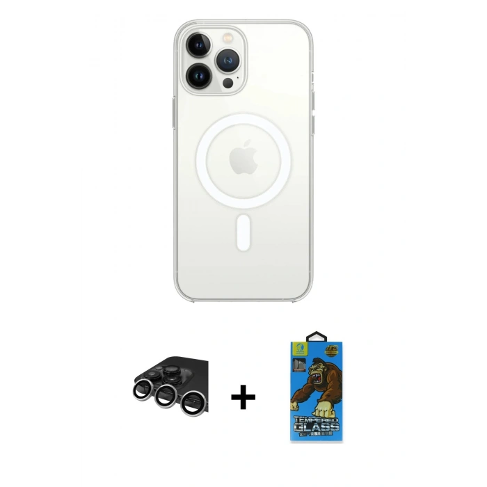 MARSİLYAN™- iPhone 14 Pro Max Kılıf Ahenk Yansıma Prime - Siyah 18D Cam Ekran Koruyucu + Raze Metal Kamera Lens - GS